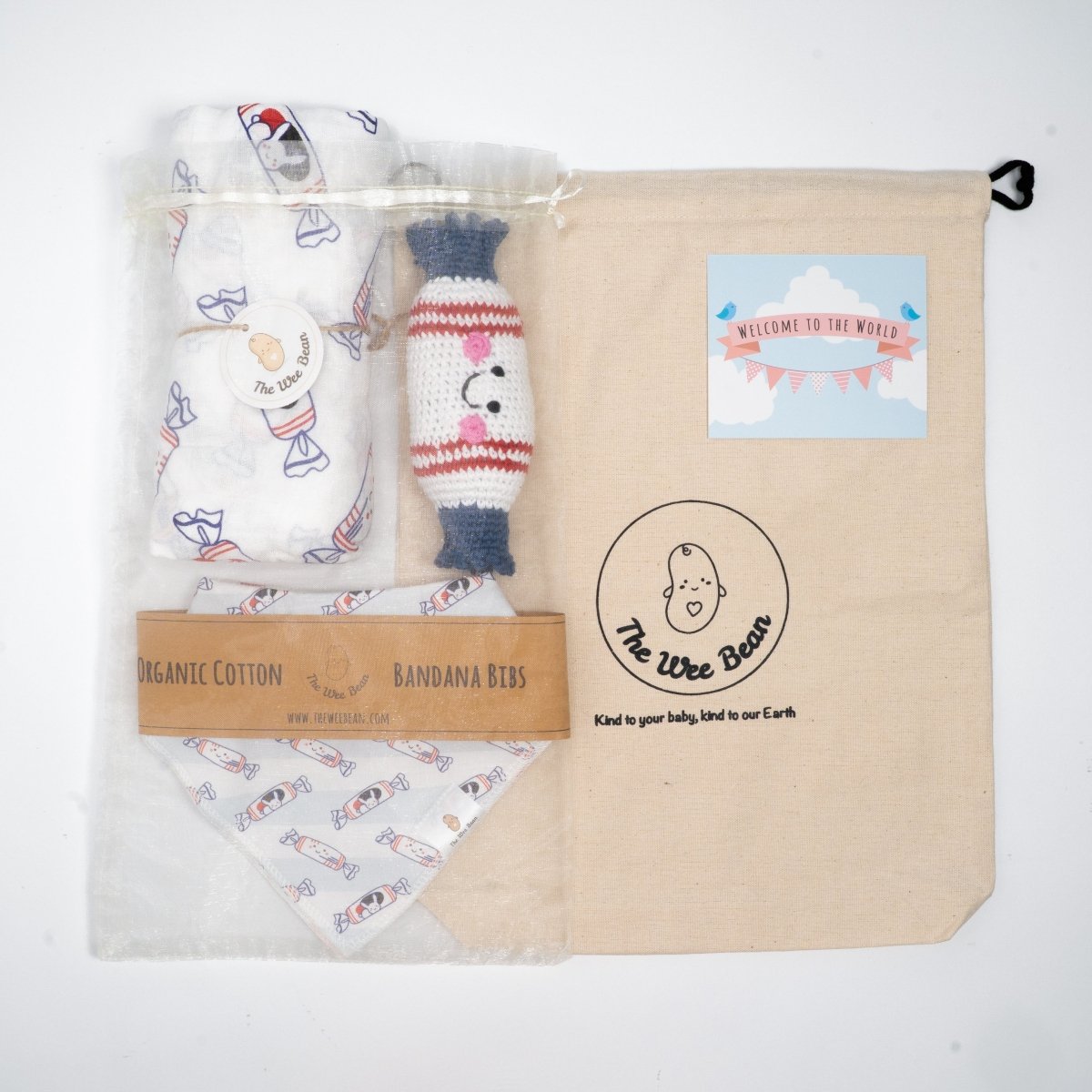 Baby product set with organic cotton bandana bibs and a rattle, branded 'The Wee Bean', on a white background.