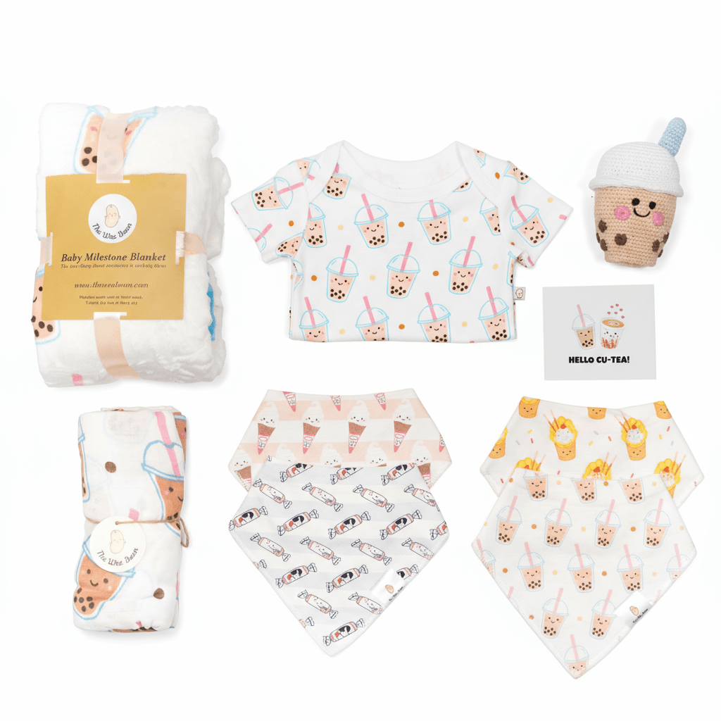Boba Collection of baby products including a blanket, t-shirt, bib, and toys gift set