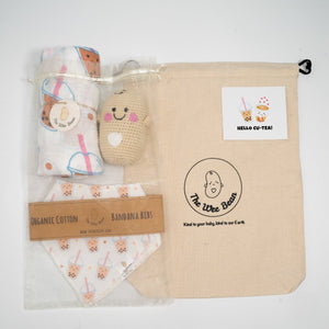 Baby product set with organic cotton bandana bibs, plush toy, and the wee bean cotton gift bag
