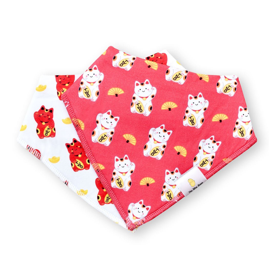 the wee bean organic cotton baby bandana bibs in white Fortune Lucky Cat Maneki Neko 