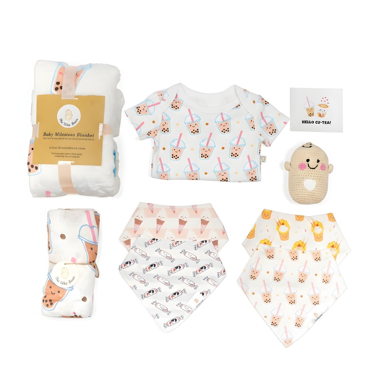 Boba Collection of baby products including a blanket, t-shirt, bib, and toys gift set