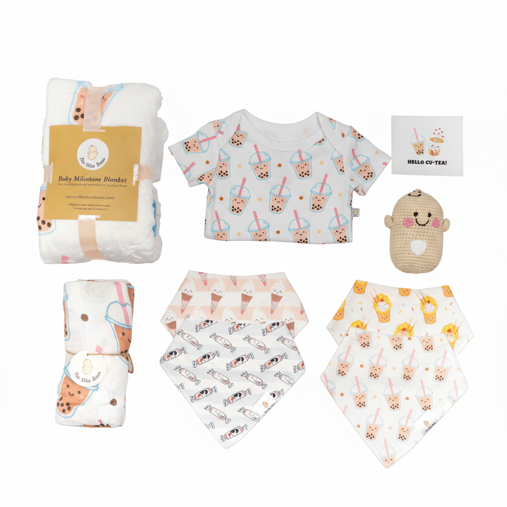Boba Collection of baby products including a blanket, t-shirt, bib, and toys gift set