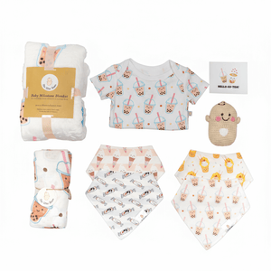Boba Collection of baby products including a blanket, t-shirt, bib, and toys gift set