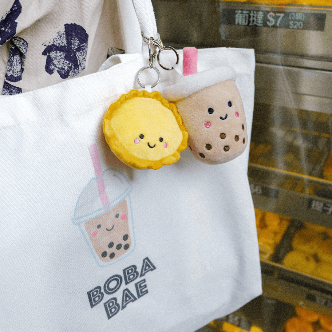 the wee bean cotton canvas tote with egg tart and boba bag charms