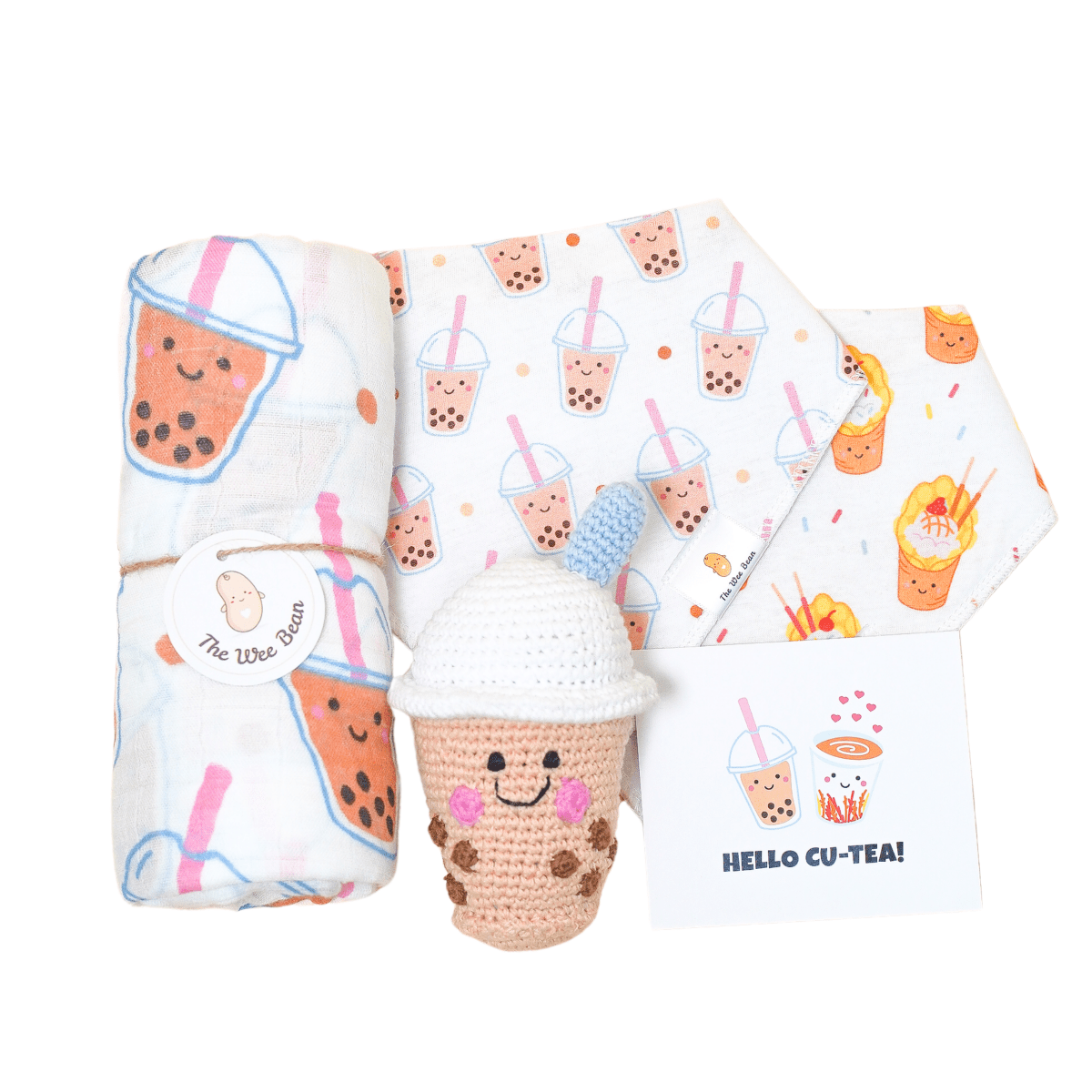 organic cotton and sustainable baby gift set in boba with swaddle, bib set and organic cotton crochet rattle doll