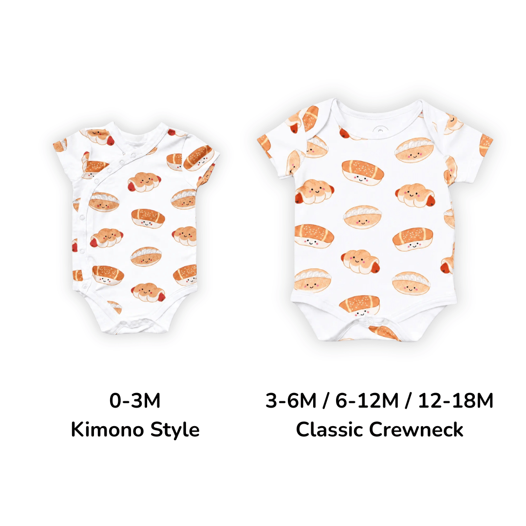The Wee Bean - Organic Cotton Baby Onesie - Bakery Buns - Size Style Chart