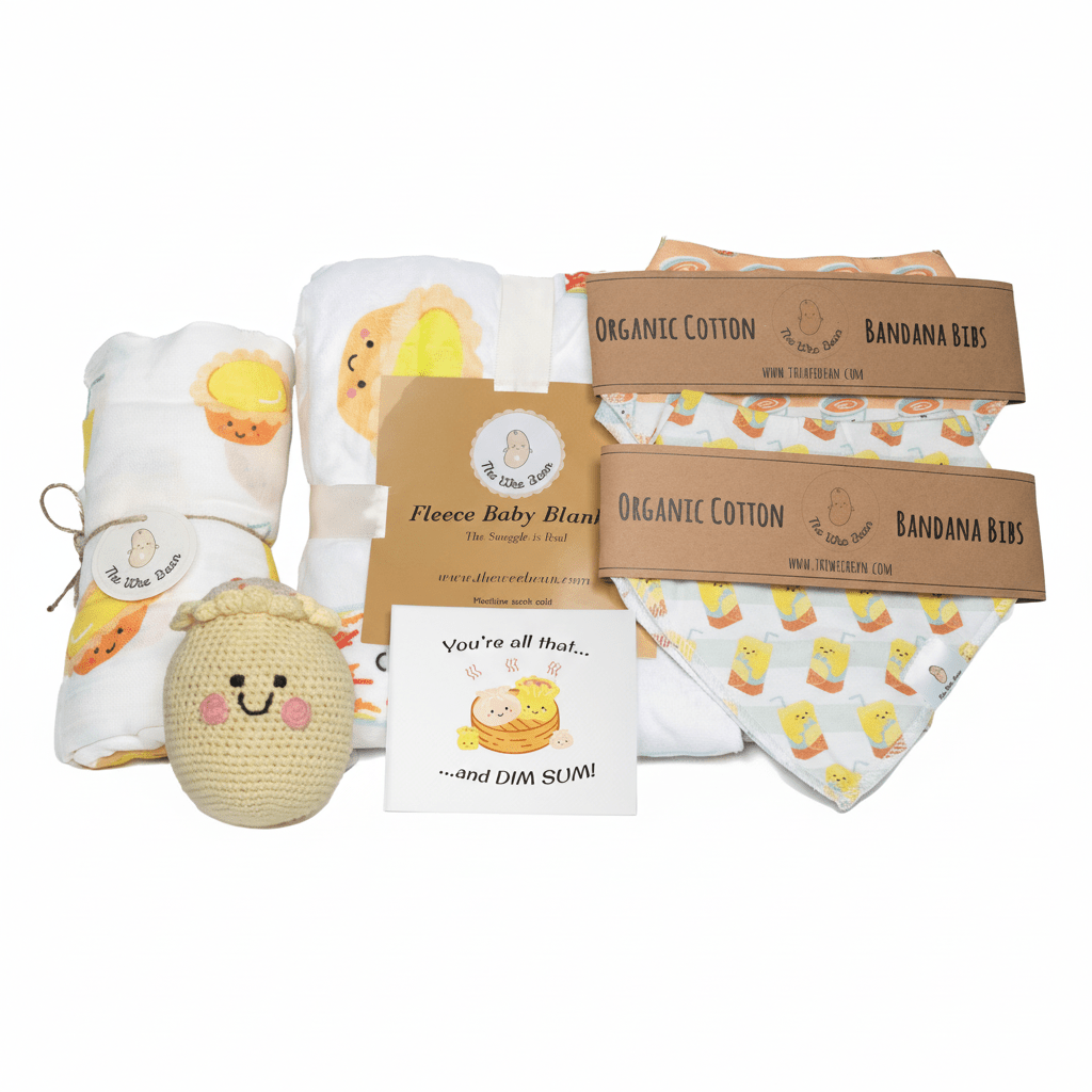 organic Baby products including a plush toy, cha chaan teng baby blanket, egg tart vita lemon tea swaddle and bandana bibs 
