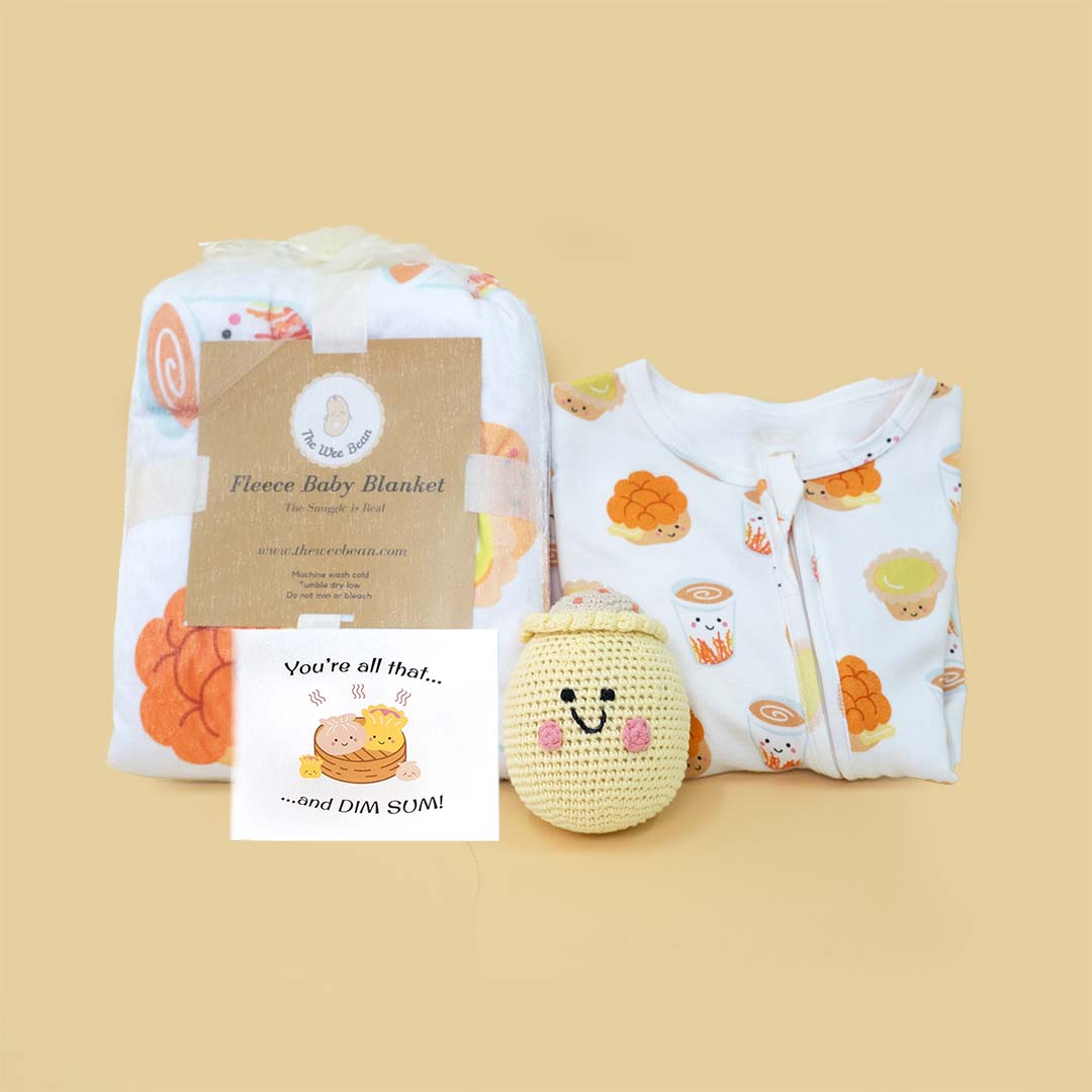 the wee bean sleepwear slumber organic gift set with dim sum pineapple bun and egg tart minky fleece sensory blanket, zip romper and rattle doll