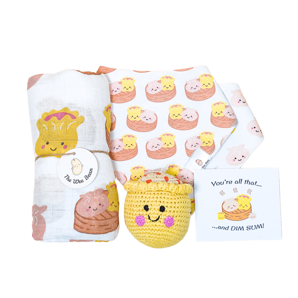 the wee bean organic and sustainable gifts in dim sum with swaddle, bib set and crochet rattle doll in siu mai