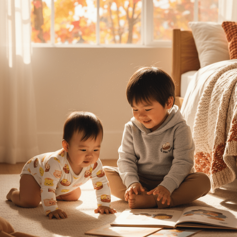 Two children sitting on the floor with a book, autumn leaves visible through a window wearing dim sum clothing