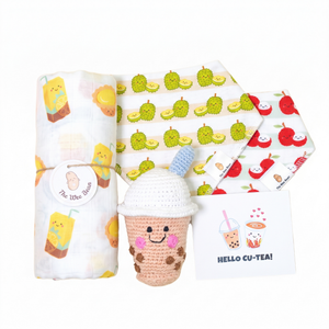 organic cotton and sustainable baby gift set in egg tart and lemon tea, durian and lychee with swaddle, bib set and organic cotton crochet rattle doll