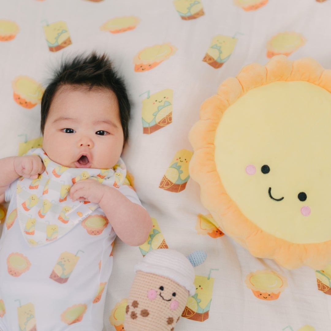 the wee bean plushie pillow snuggle buddy in egg tart top view