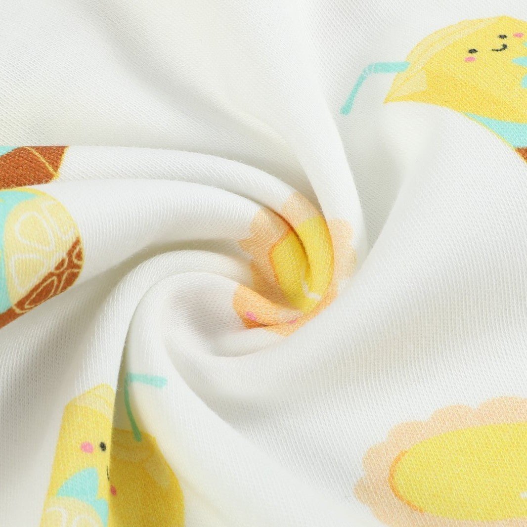 the wee bean organic cotton onesie lemon tea egg tart print fabric