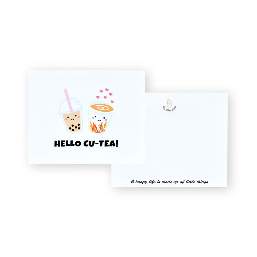 stationery items with tea-themed designs on a white background
