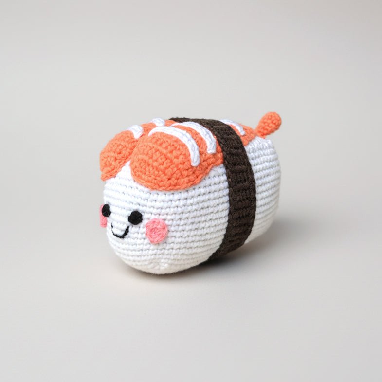 the wee bean handmade crochet doll in ebi shrimp sushi