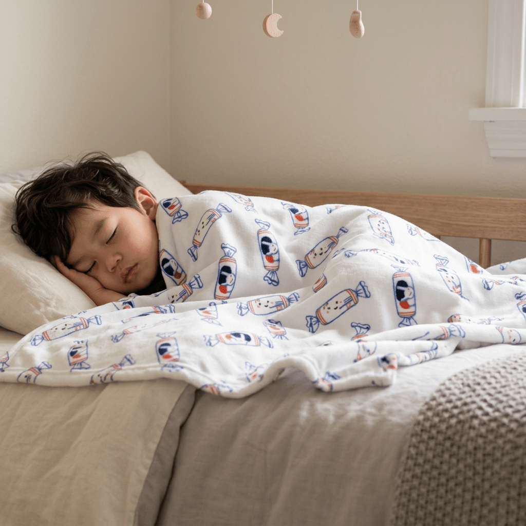 child sleeping covered in bunny candy pattern fleece blanket
