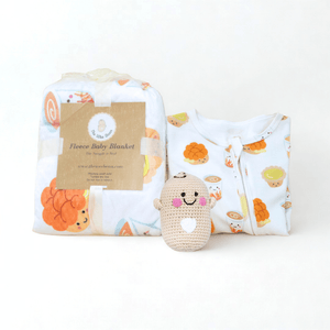 the wee bean sleepwear slumber organic gift set with dim sum pineapple bun and egg tart minky fleece sensory blanket, zip romper and rattle doll