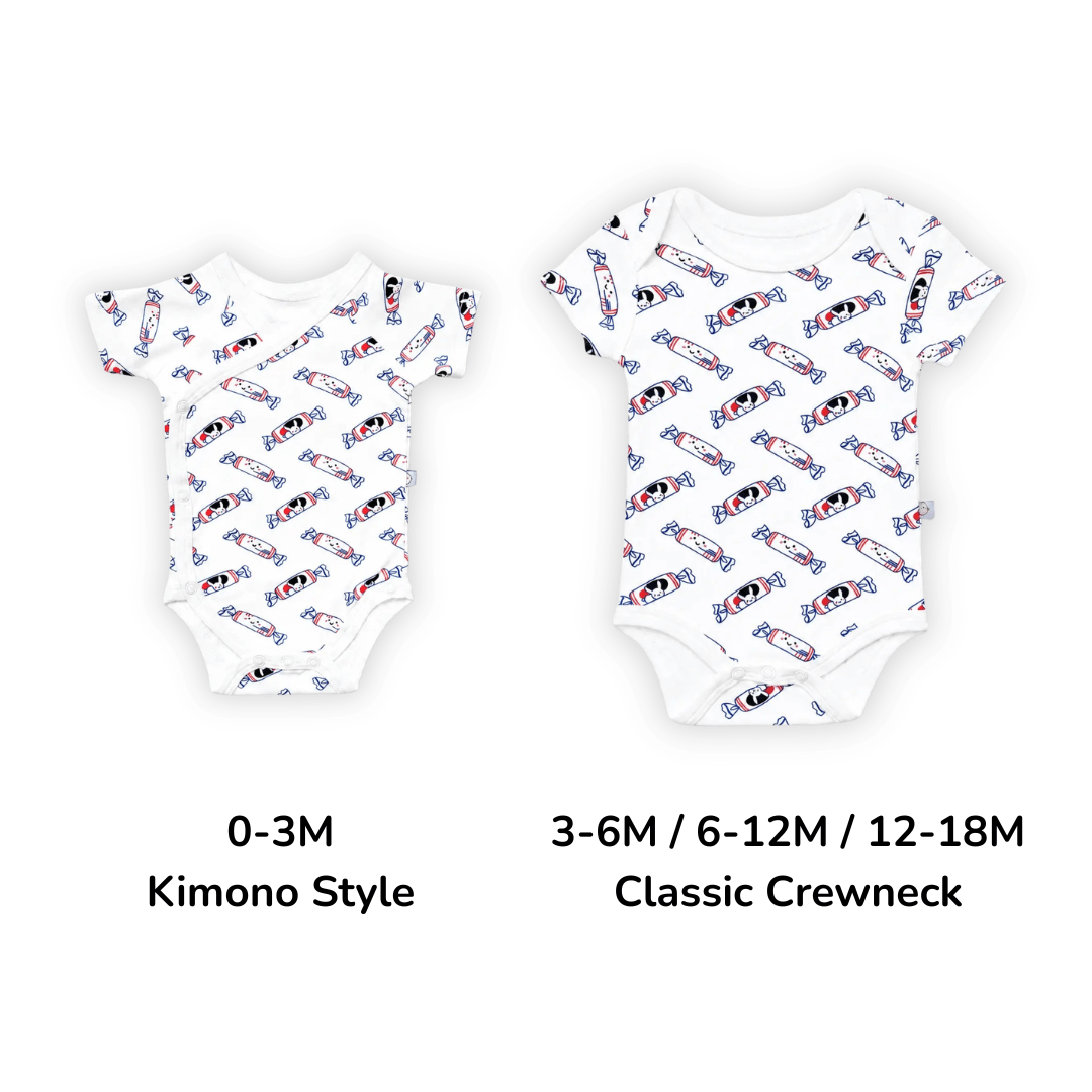 The Wee Bean - Organic Cotton Baby Onesie - Bunny Candy - Size Style Chart