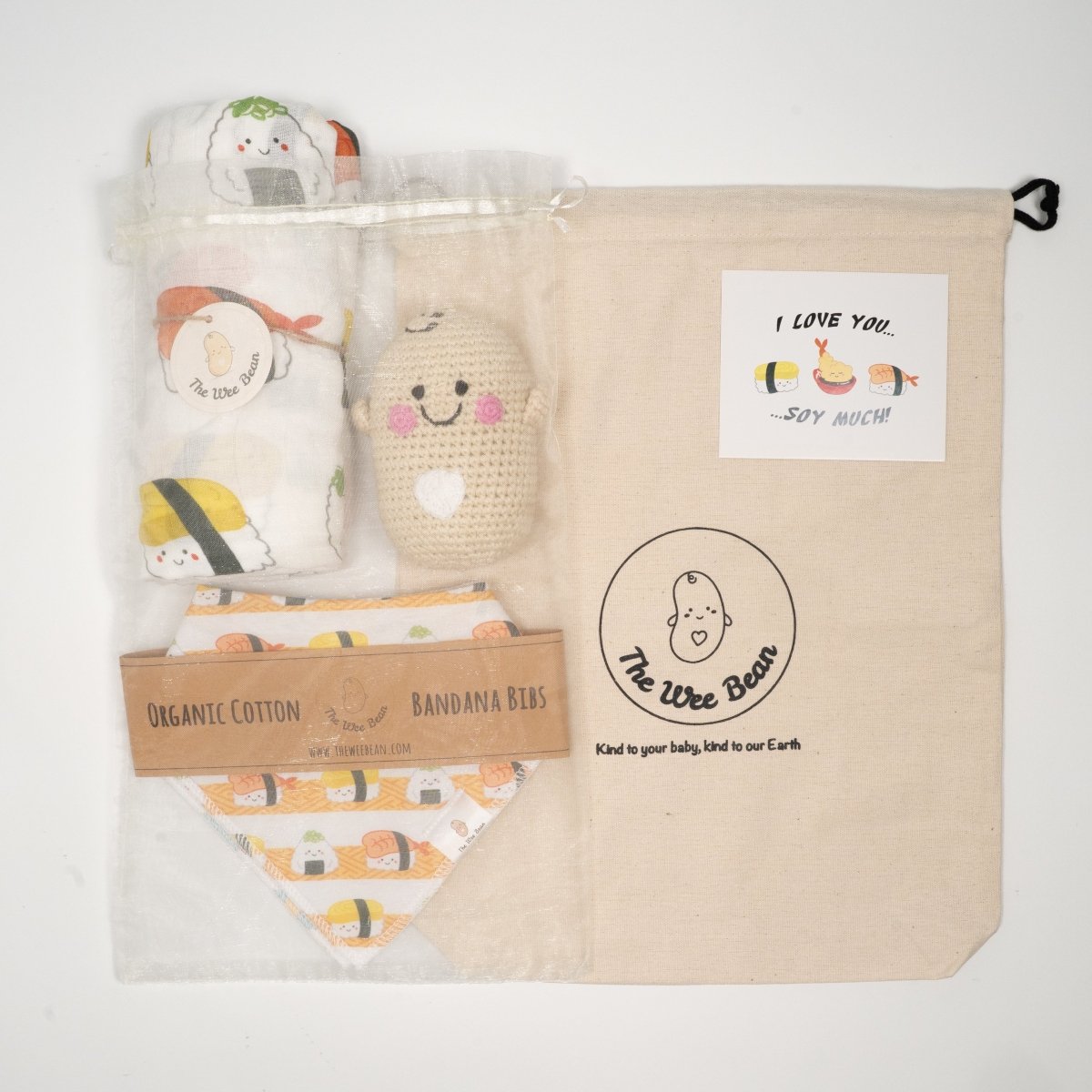 the wee bean organic baby essentials gift set in sushi packaged
