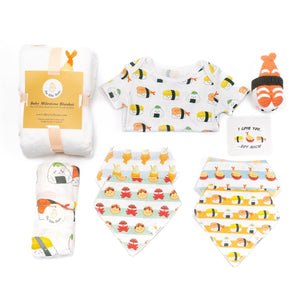 the wee bean organic and sustainable big baby gift set with blankets bibs swaddle and rattle doll in taste of japan sushi tempura