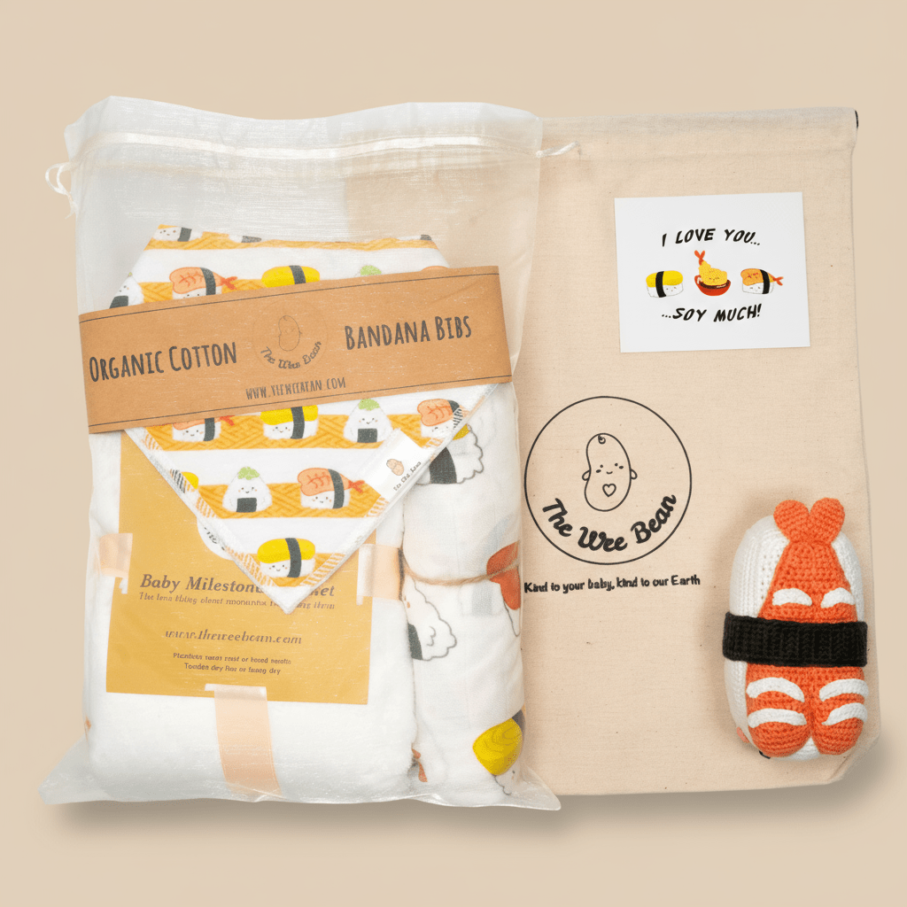 the wee bean welcome to the world baby sushi gift set with eco-friendly sustainable gift packaging