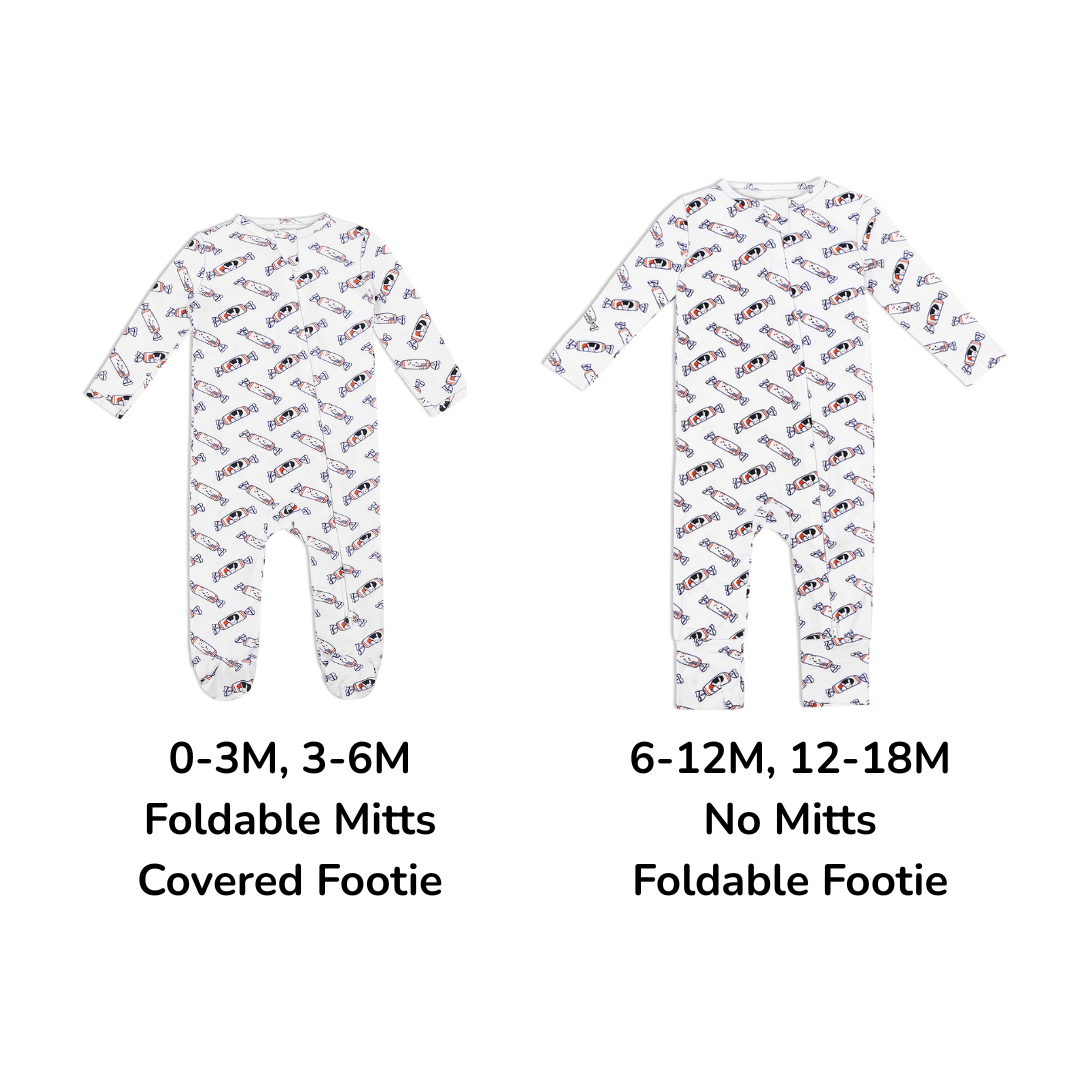 Two baby footies with different sizes and features on a white background