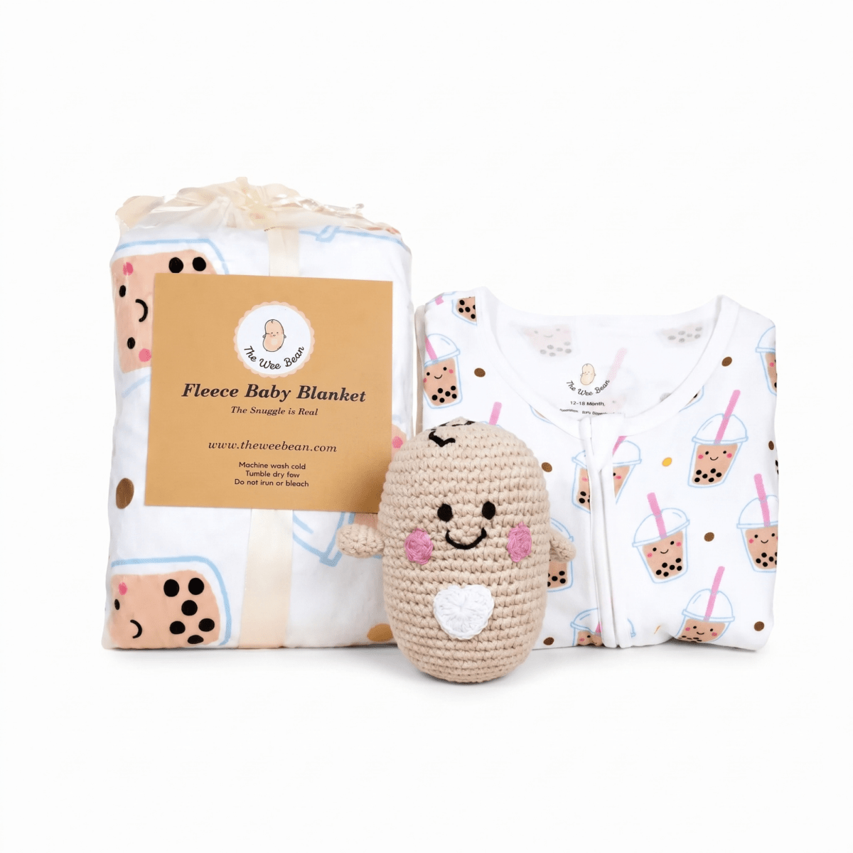 the wee bean sleepwear slumber organic gift set with boba minky fleece sensory blanket, zip romper and rattle doll