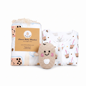 the wee bean sleepwear slumber organic gift set with boba minky fleece sensory blanket, zip romper and rattle doll