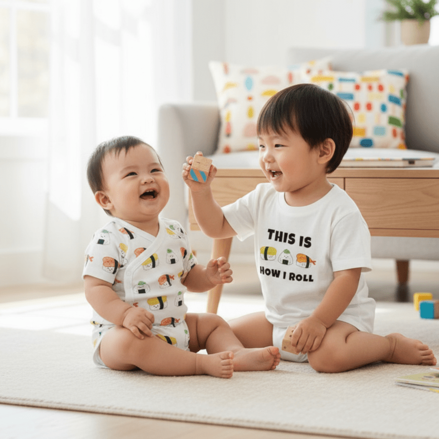 the wee bean organic cotton onesie clothing romper in sushi nigiri ebi shrimp tamago and onigiri