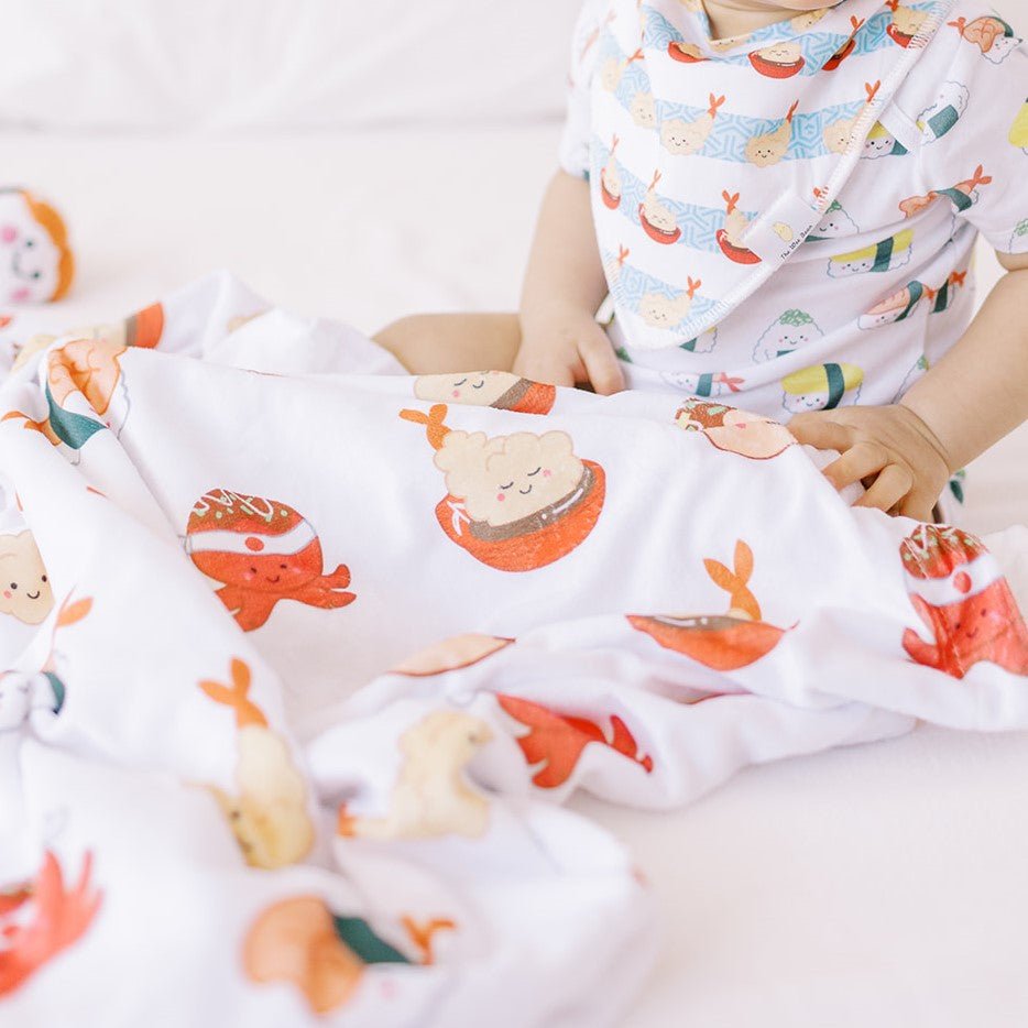 the wee bean minky fleece blanket in takoyaki tempura and ebi shrimp sushi taste of japan