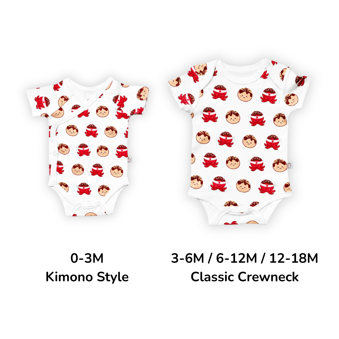 The Wee Bean - Organic Cotton Baby Onesie - Takoyaki - Size Style Chart