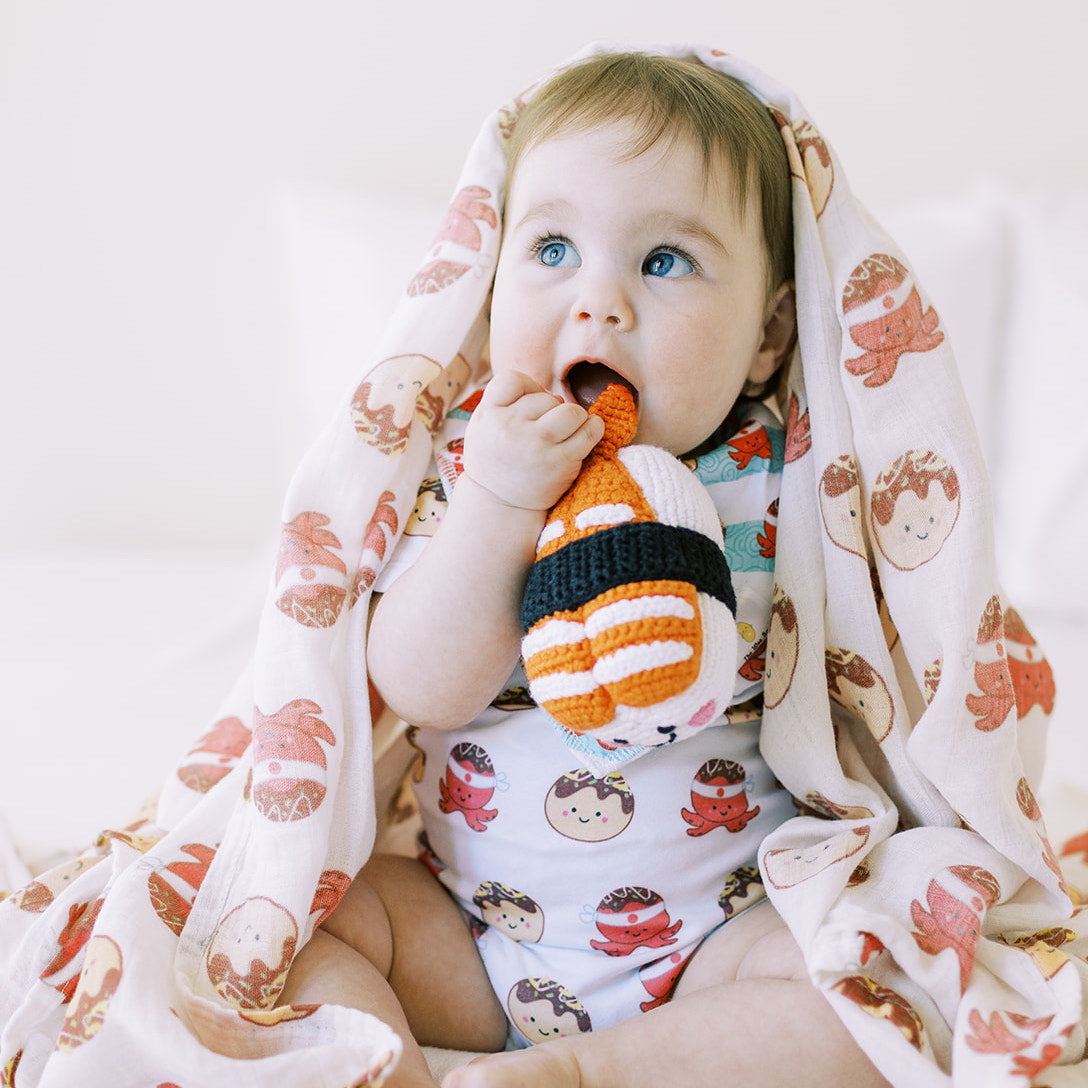 the wee bean natural bamboo and organic cotton swaddle super soft in taste of Japan takoyaki octopus balls