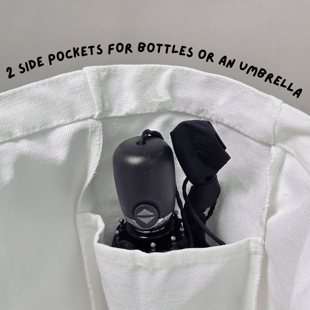 The Wee Bean - The Ultimate Carry-All Canvas Tote Bag - Side Pocket Detail Photo with Umbrella