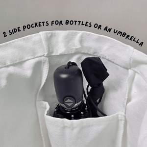 The Wee Bean - The Ultimate Carry-All Canvas Tote Bag - Side Pocket Detail Photo with Umbrella