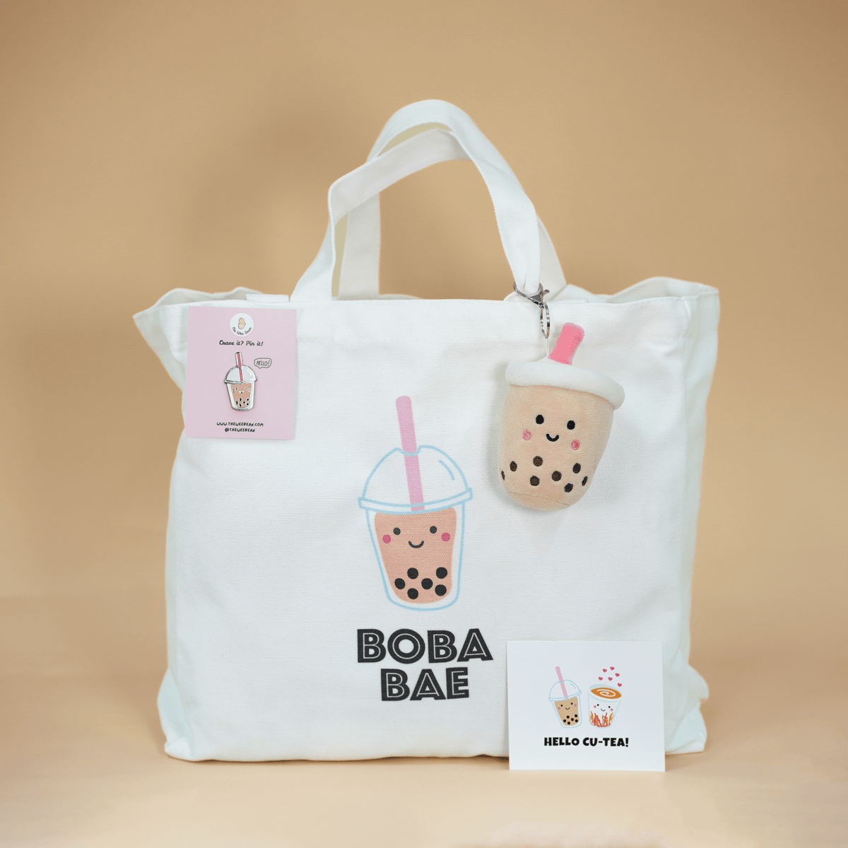 the wee bean boba bae cotton canvas tote gift set with boba milk tea  bag charm and enamel pin