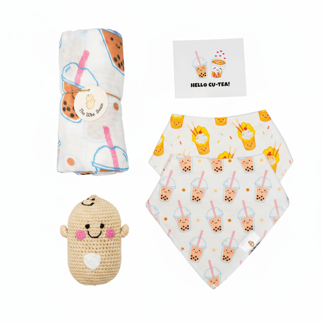 Baby product set with a swaddle, bandana bib, and plush toy on a white background