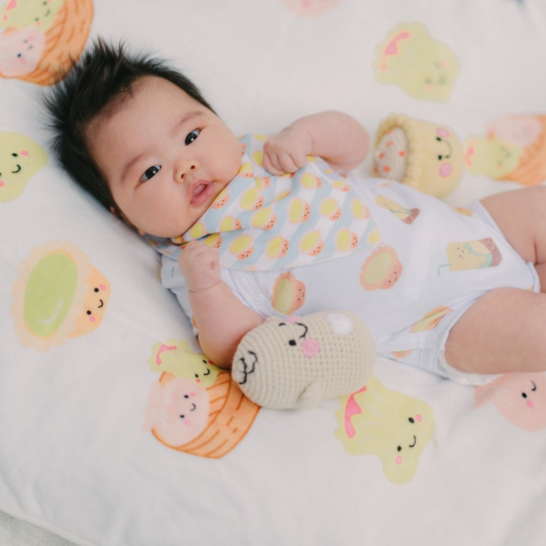 the wee bean taste of hong kong baby newborn gift set milestone blanket organic swaddle fair trade dim sum doll organic cotton bandana bibs
