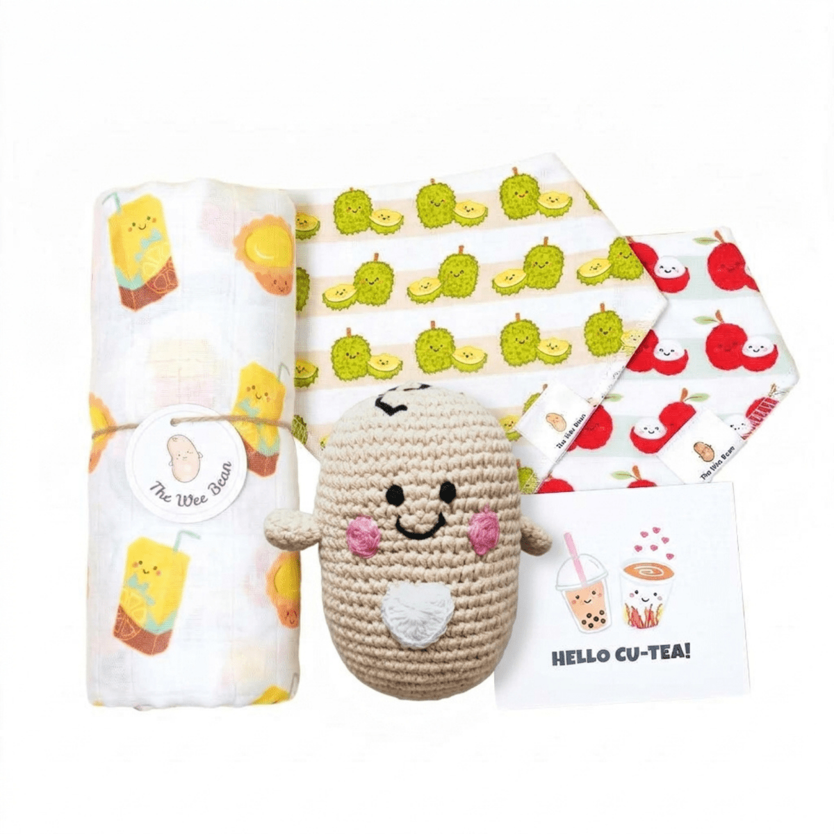 organic cotton and sustainable baby gift set in egg tart and lemon tea, durian and lychee with swaddle, bib set and organic cotton crochet rattle doll