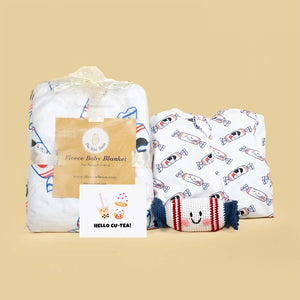 the wee bean sleepwear slumber organic gift set with bunny rabbit candy minky fleece sensory blanket, zip romper and rattle doll