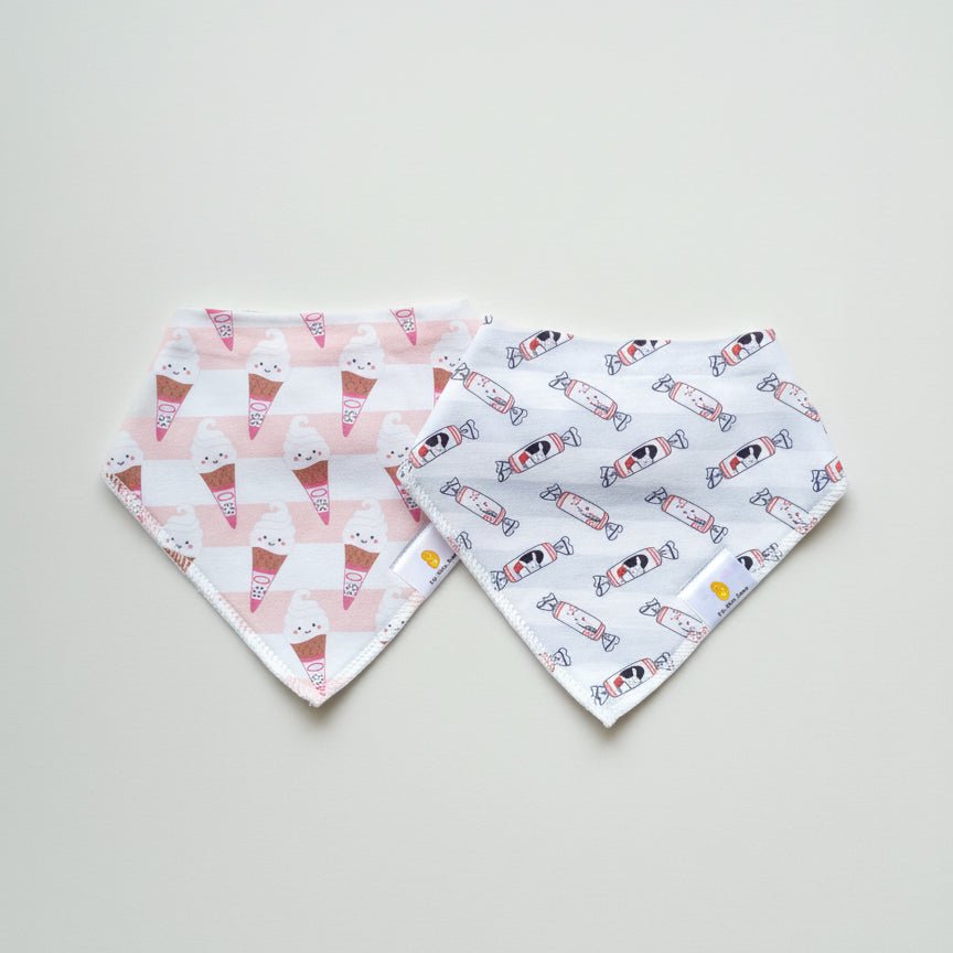 the wee bean bib set in rabbit candy and mister softee ice cream