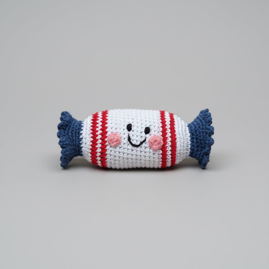 the wee bean hand crochet rattle doll in bunny candy front view