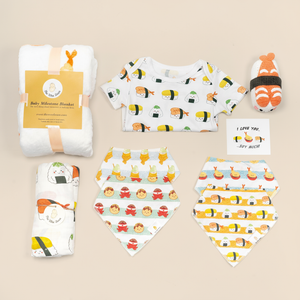 the wee bean organic and sustainable big baby gift set with blankets bibs swaddle and rattle doll in taste of japan sushi tempura