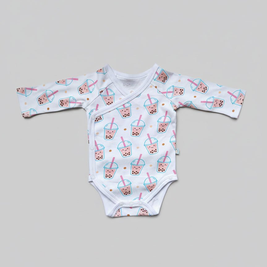 the wee bean organic cotton onesie long sleeve in boba newborn side snap buttons