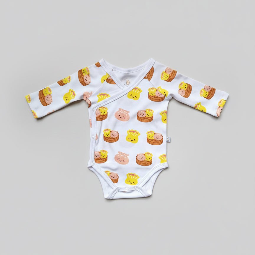 Organic Cotton Long Sleeve Baby Onesie - Dim Sum Boy - The Wee Bean size snap newborn style