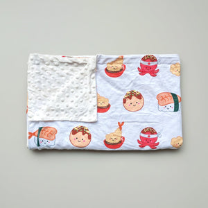 the wee bean minky fleece blanket in takoyaki tempura and ebi shrimp sushi taste of japan