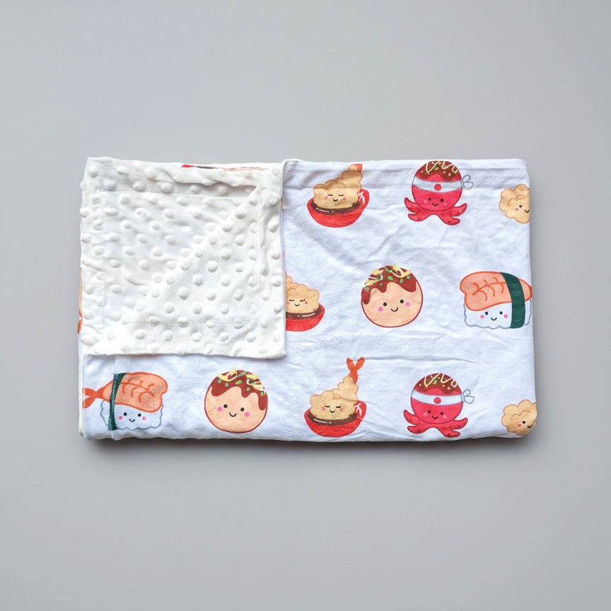 the wee bean minky fleece blanket in takoyaki tempura and ebi shrimp sushi taste of japan