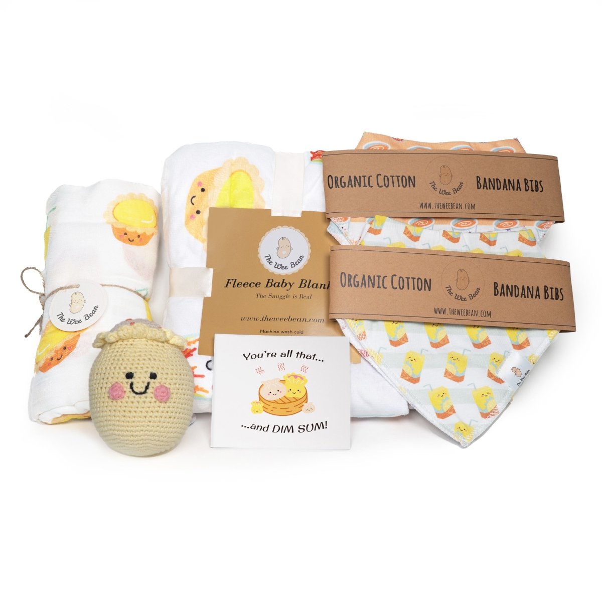 organic Baby products including a plush toy, cha chaan teng baby blanket, egg tart vita lemon tea swaddle and bandana bibs 