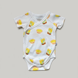the wee bean organic cotton onesie in lemon tea vita and egg tart newborn kimono style