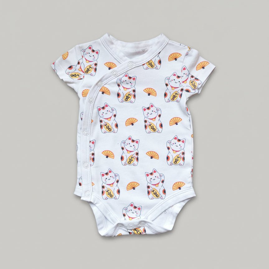 Organic Cotton Baby Onesie - Fortune Lucky Cat Maneki Neko Boy - The Wee Bean