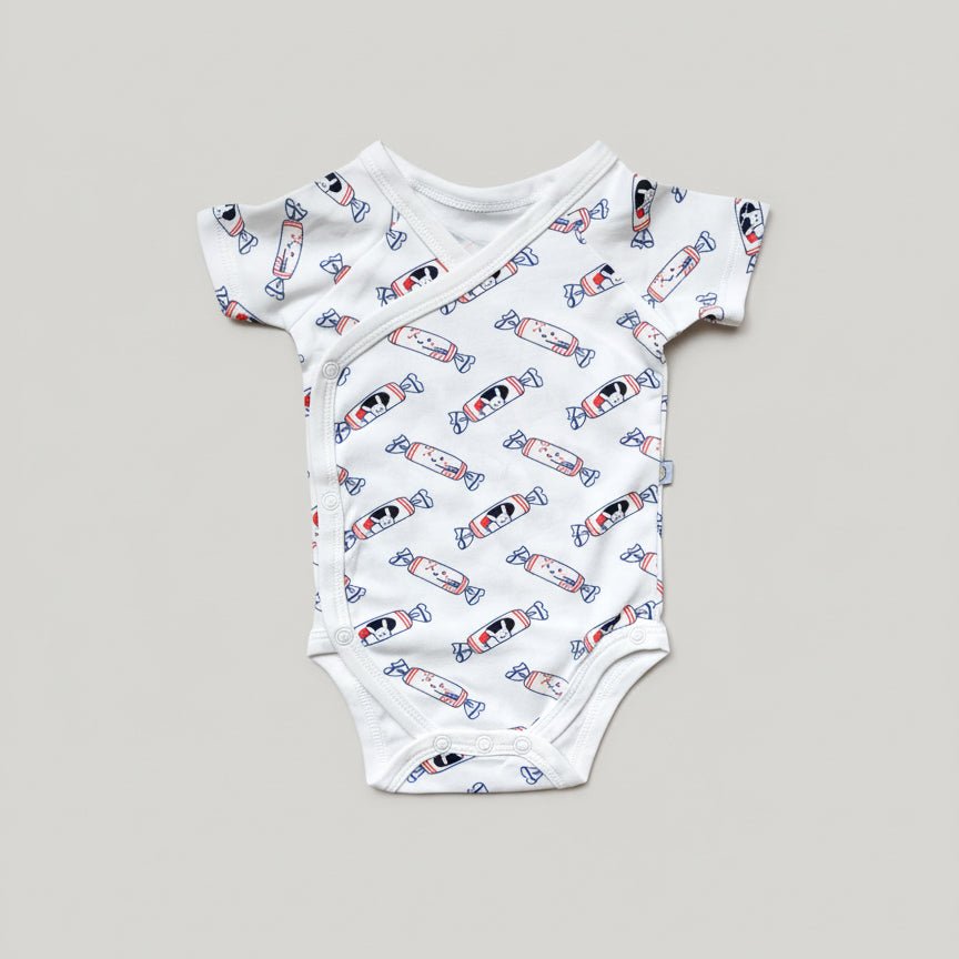 the wee bean baby organic clothing onesies romper in white rabbit candy print newborn kimono style